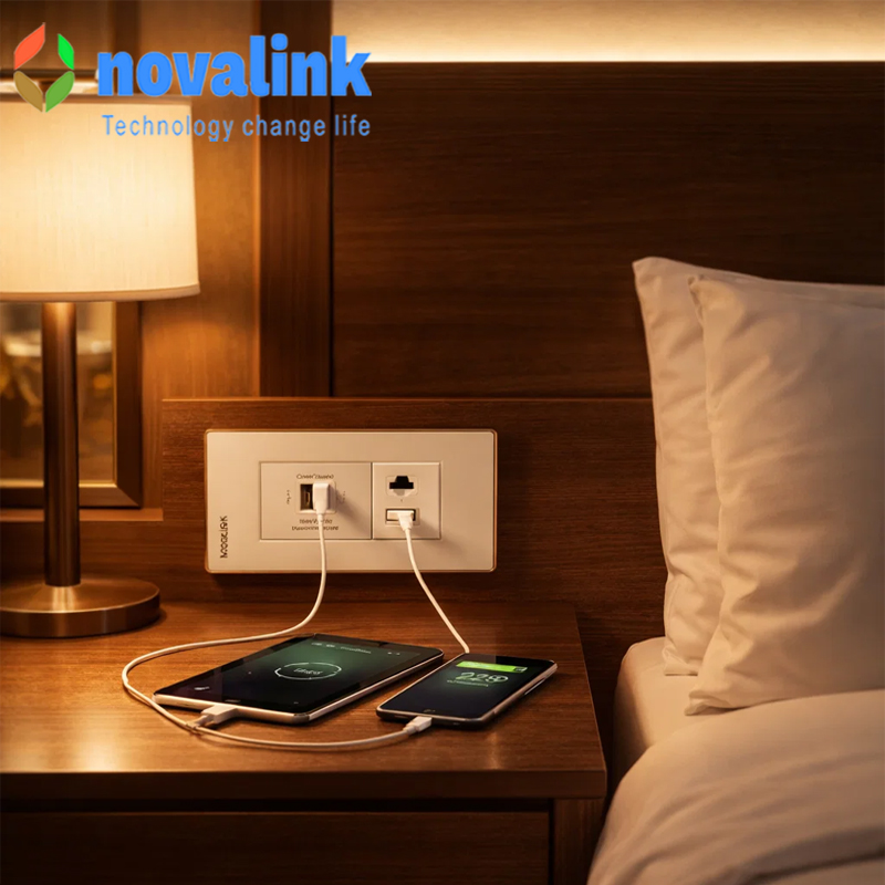 Bộ ổ cắm điện đơn 2 chấu + sạc USB A-C P21-QC1 ch&iacute;nh h&atilde;ng novalink NV-21003WS+P21-QC1